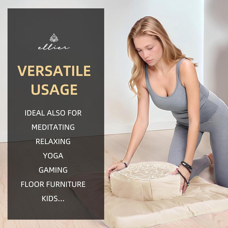 ellier Zafu & Zabuton Meditation Cushion Set - Buckwheat Hull & Memory Foam Pillows, Ergonomic Support for Yoga, Mindfulness - Organic Velvet Cover, Large Size, Durable Comfort (Khaki) - Image 5